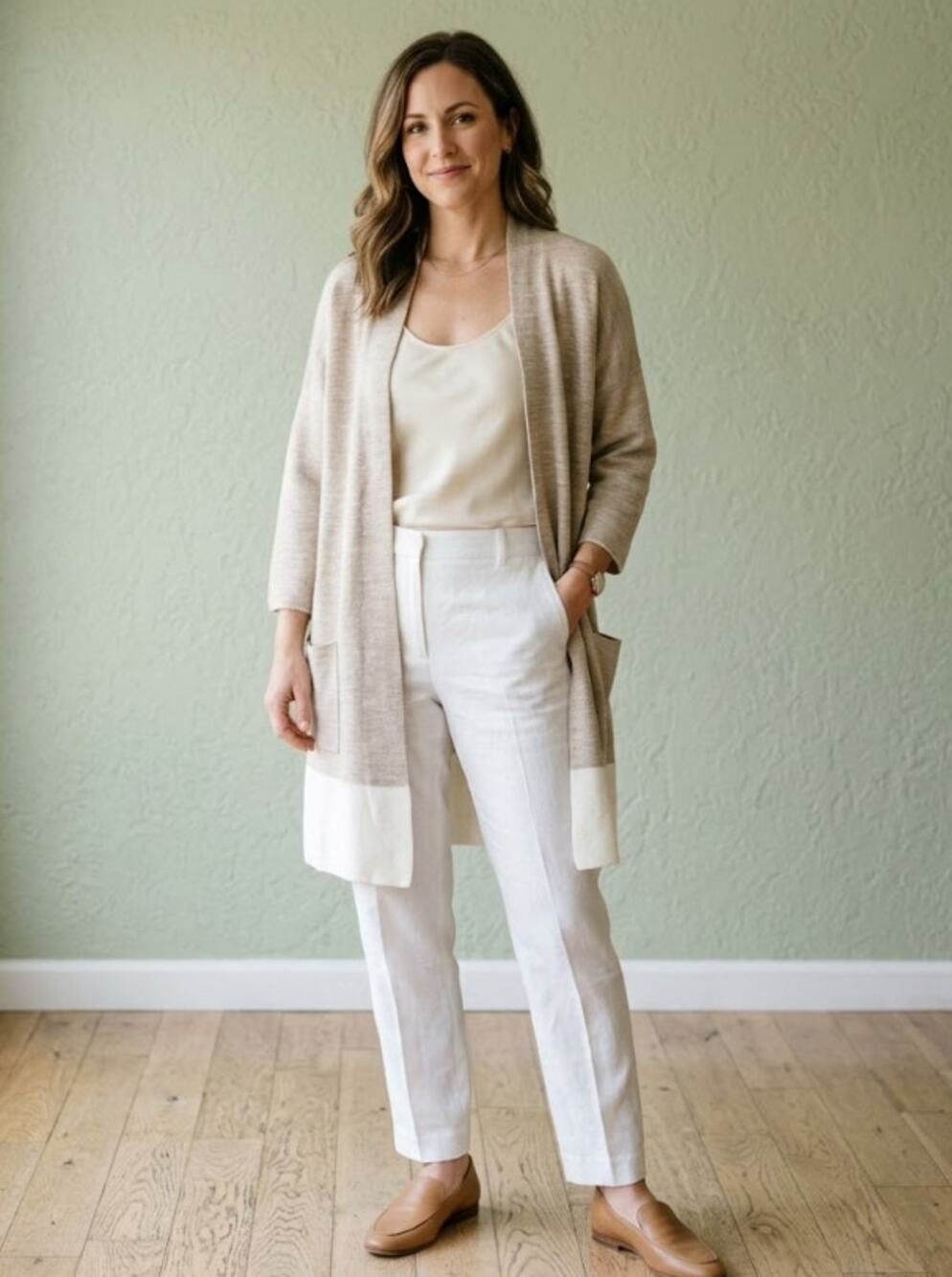 EILEEN FISHER Wool Cashmere Blend Open Cardigan Small Beige/White Long Sleeve